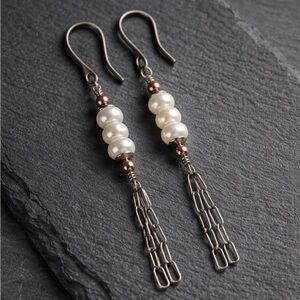 Mixed Metal Freshwater Pearl Dangle Tassel Earrings - Handmade - Hypoallergenic
